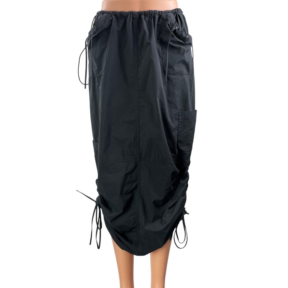 Tiger Mist Black High Waisted Tie Ruched Utility Straight Midi Skirt Size S